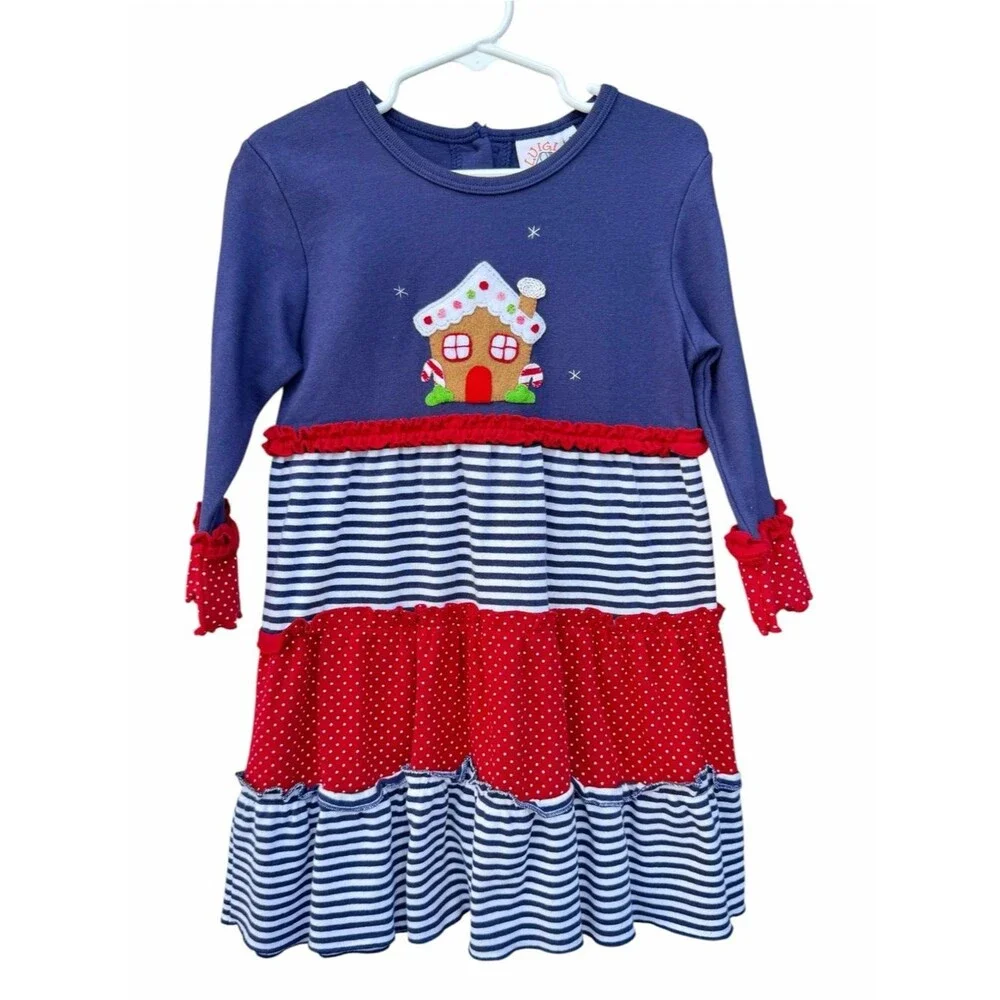 Luigi Kids Girls Dress 4T Navy Red Gingerbread Christmas Holiday Striped Festive